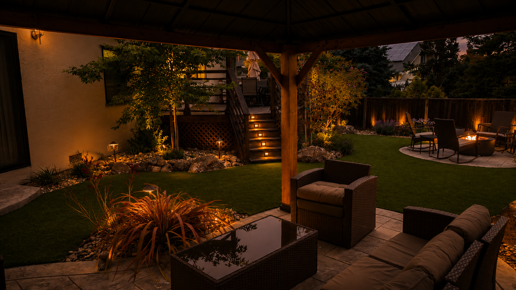 A cozy backyard patio at night with outdoor seating, a fire pit, plants, and pathway lighting.