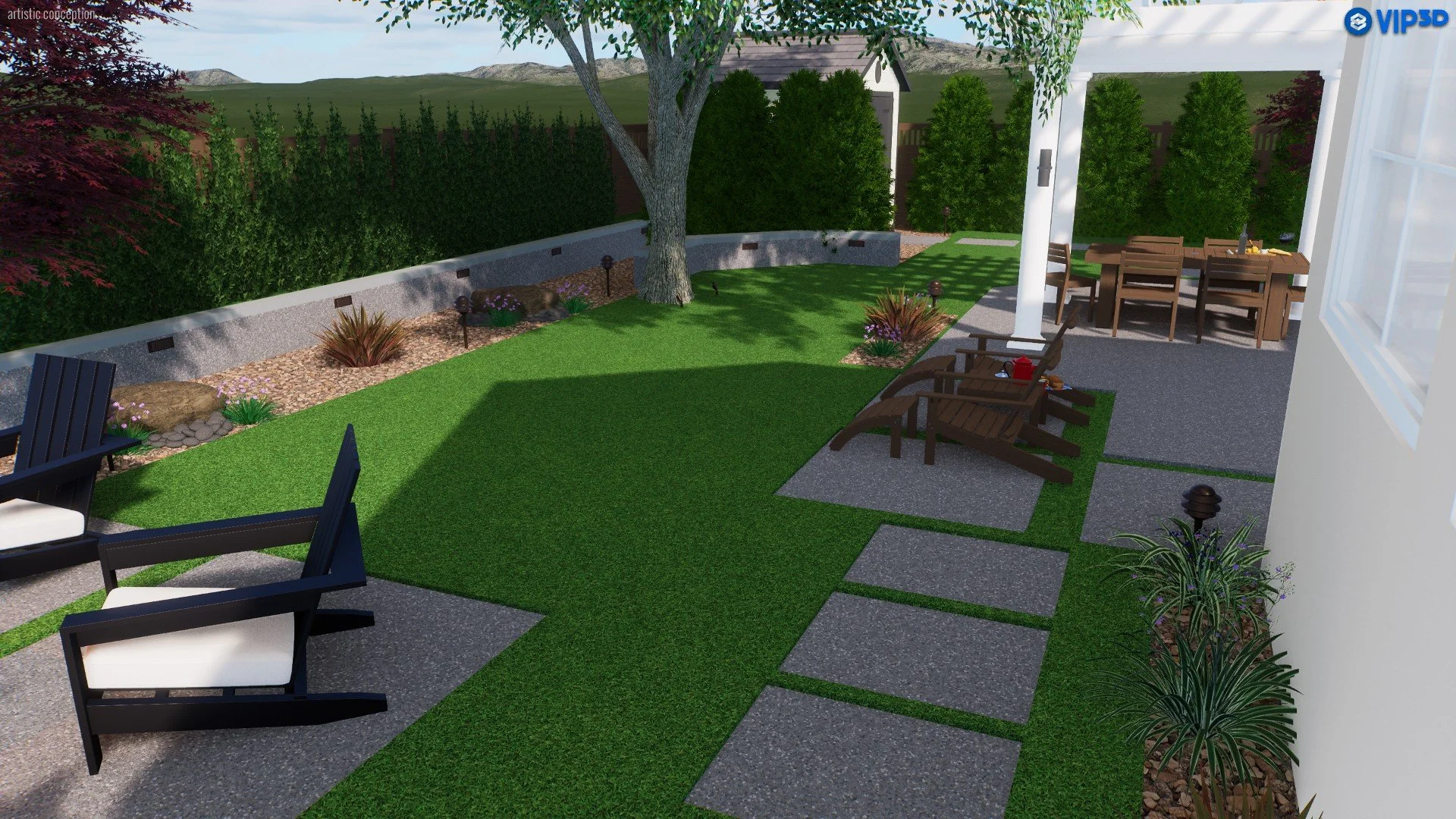 A backyard patio with a yard, large tree, grass, and outdoor furniture, including chairs, a dining table, and potted plants.