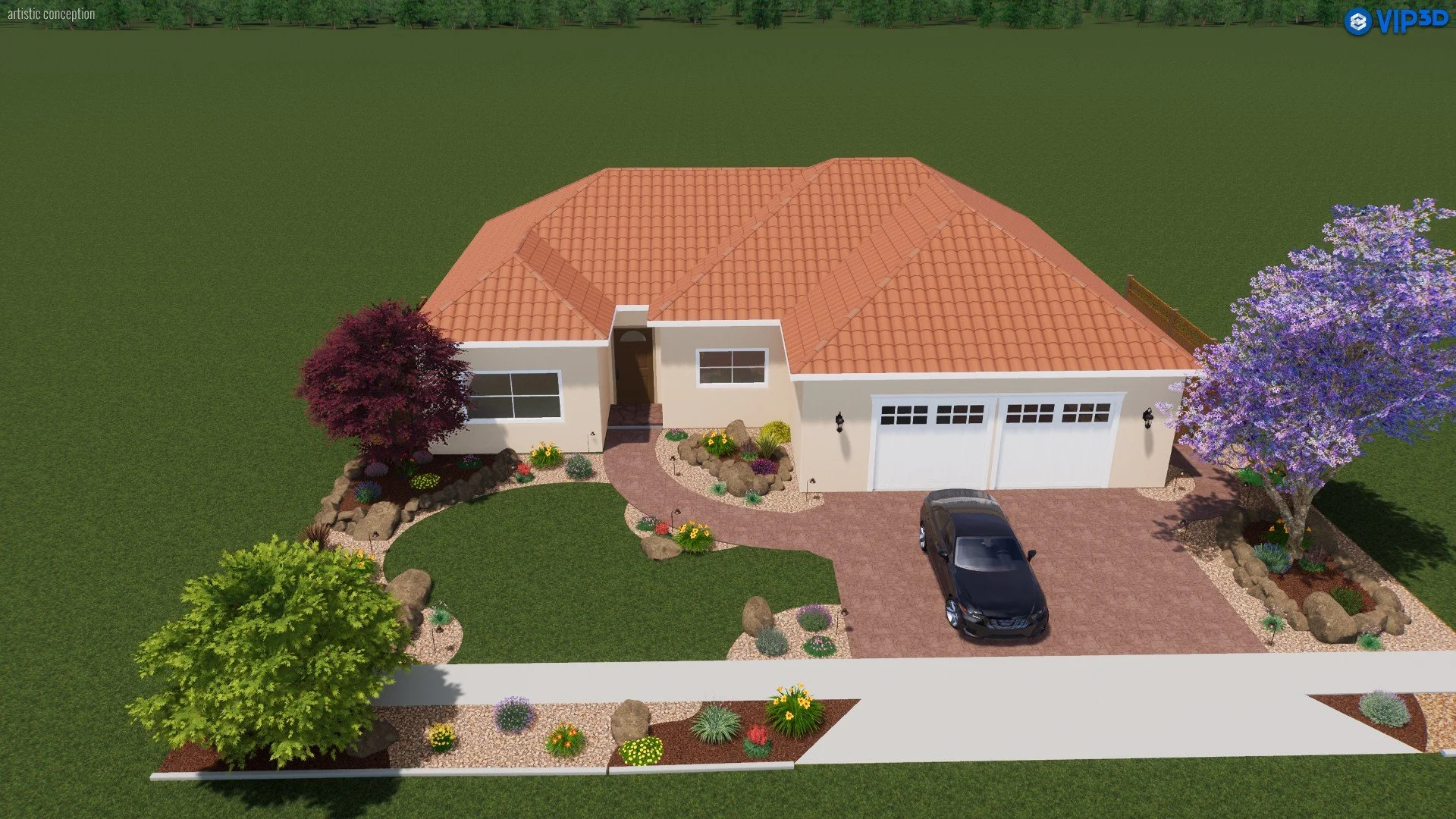 A single-story house with a red-tiled roof, white exterior walls, and a front yard featuring landscaped gardens and colorful flowers. There are two trees, one with purple blossoms and the other with green foliage, and a black car parked on the drivew