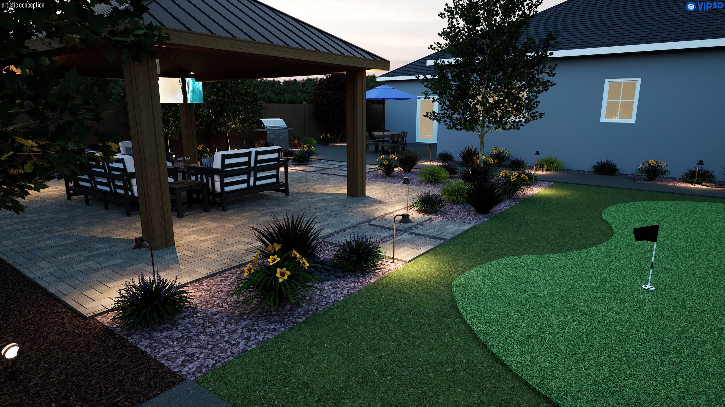 Nighttime backyard setup with a patio, outdoor seating, patio umbrella, grill, and a mini golf putting green.