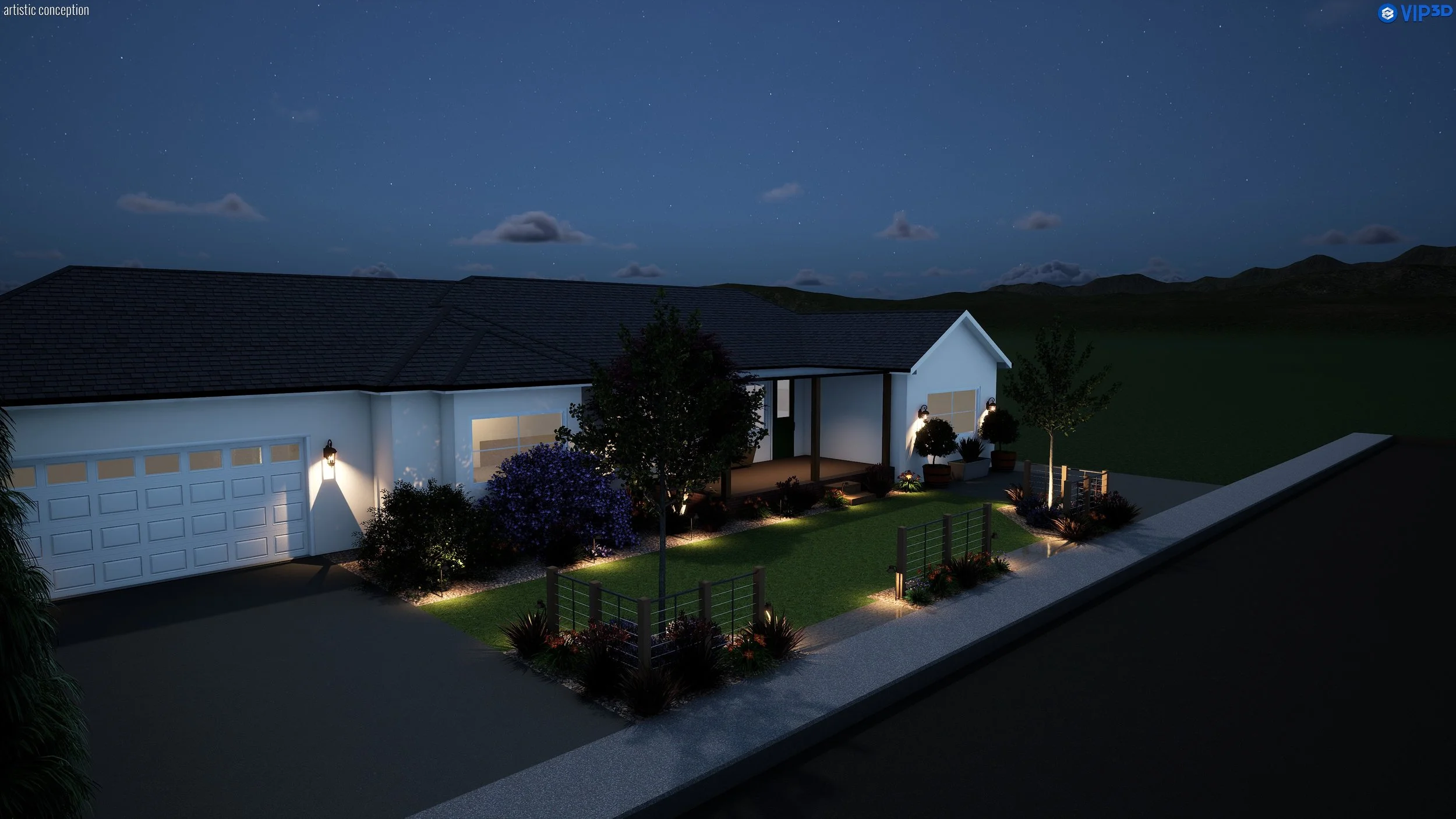Nighttime view of a modern house with a white exterior, illuminated porch, and landscaped yard, under a starry sky with some clouds.