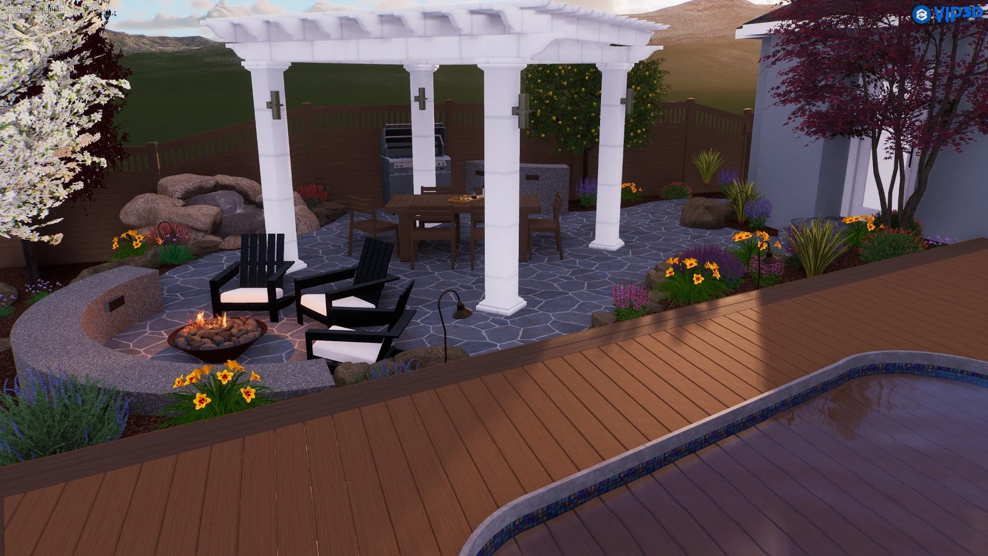 A backyard patio with a wooden deck, surrounded by colorful flowers, trees, and a stone fire pit with chairs, a pergola with a grill, and a fence in the background.