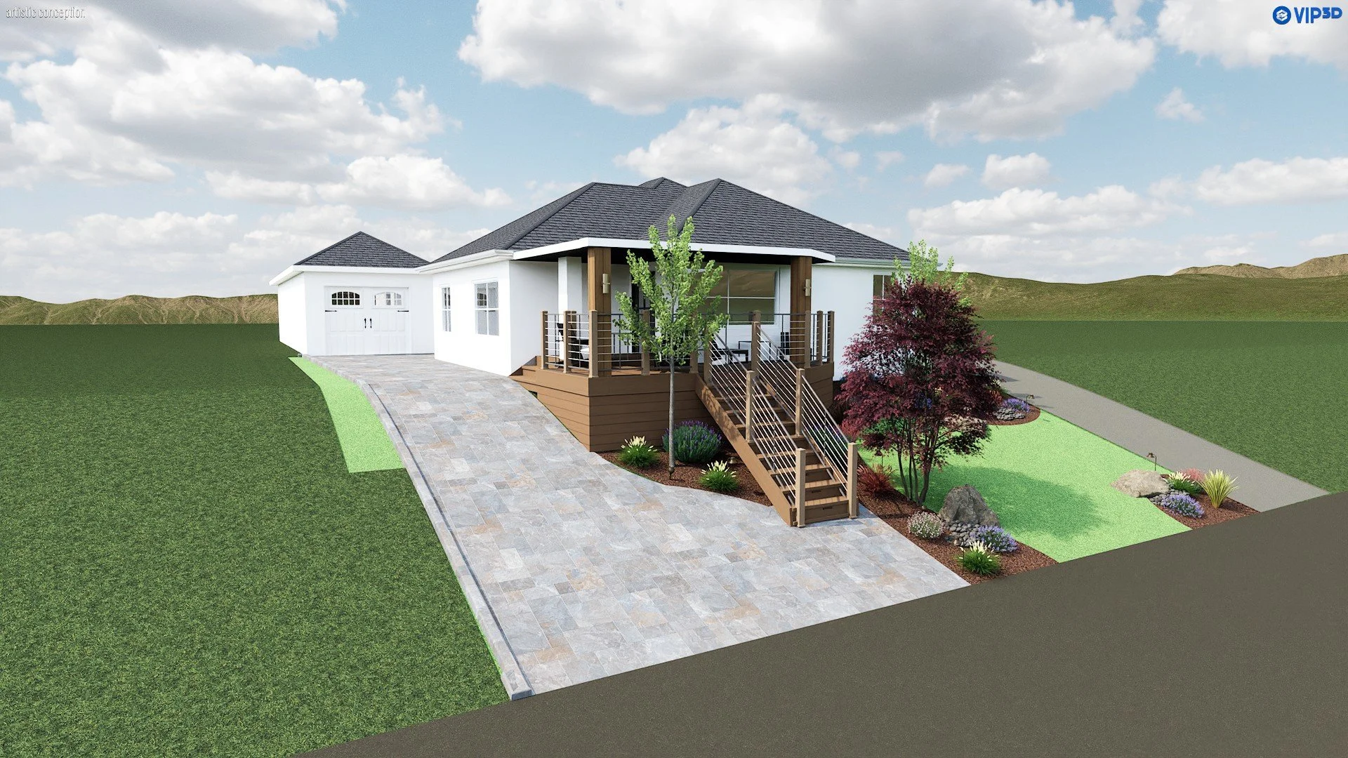San Ramon, CA outdoor living 3D landscape design with patio, synthetic turf, pergola, built-in BBQ area, seating, and landscape lighting