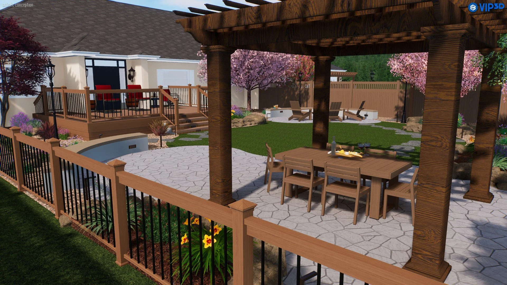 A backyard with a wooden pergola over a patio with a dining table and chairs, surrounded by flowering trees, a lawn, and a fenced garden area.