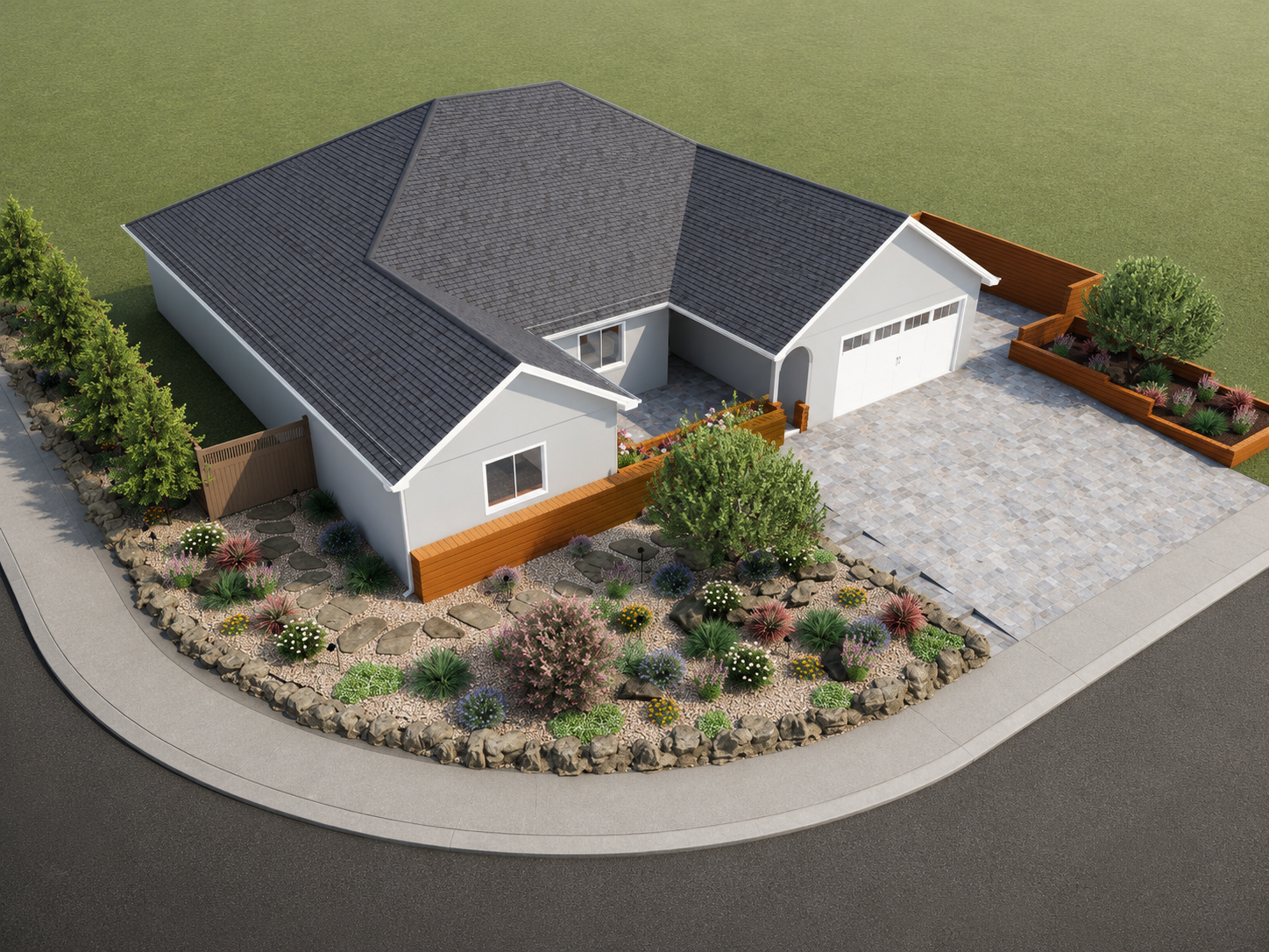 A modern single-story house with a gray roof, white walls, and a two-car garage. The front yard features landscaped plants, trees, and a stone pathway, bordered by a low wooden fence and rocks. There is a paved driveway leading to the garage and a de