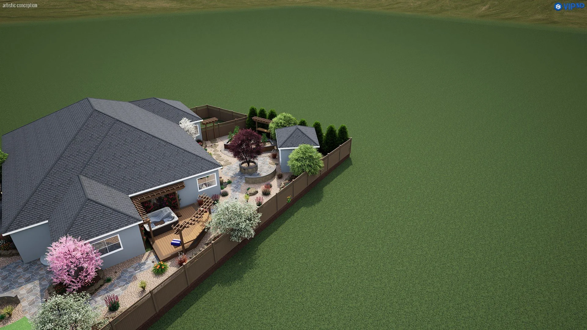 3D backyard landscape design in Dublin, CA with large synthetic turf area and patio seating