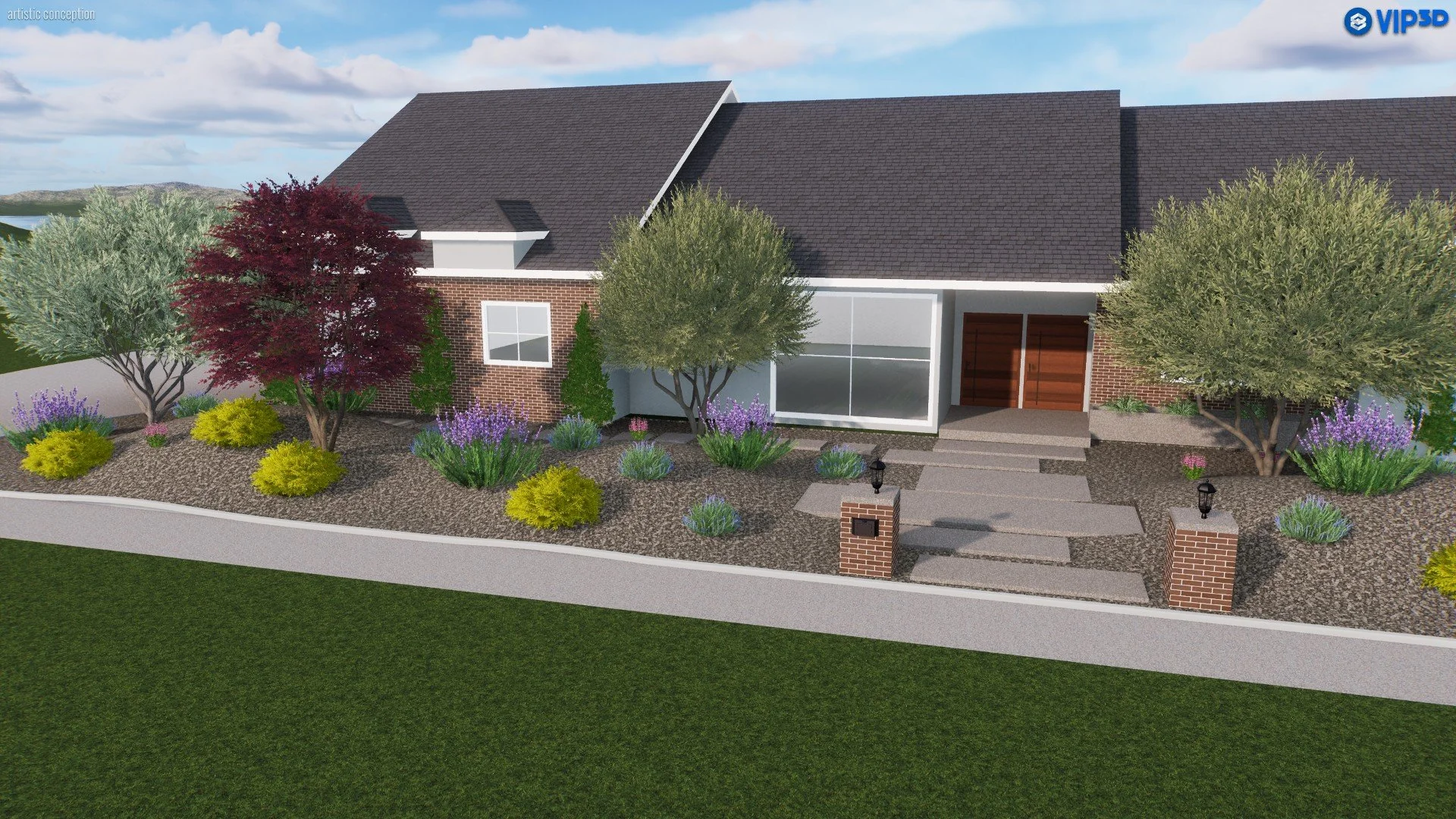 A modern house with a gray roof and brick exterior, front yard with various trees and purple flowering shrubs, concrete walkway and brick pillars, a mailbox, and a clear blue sky with some clouds.