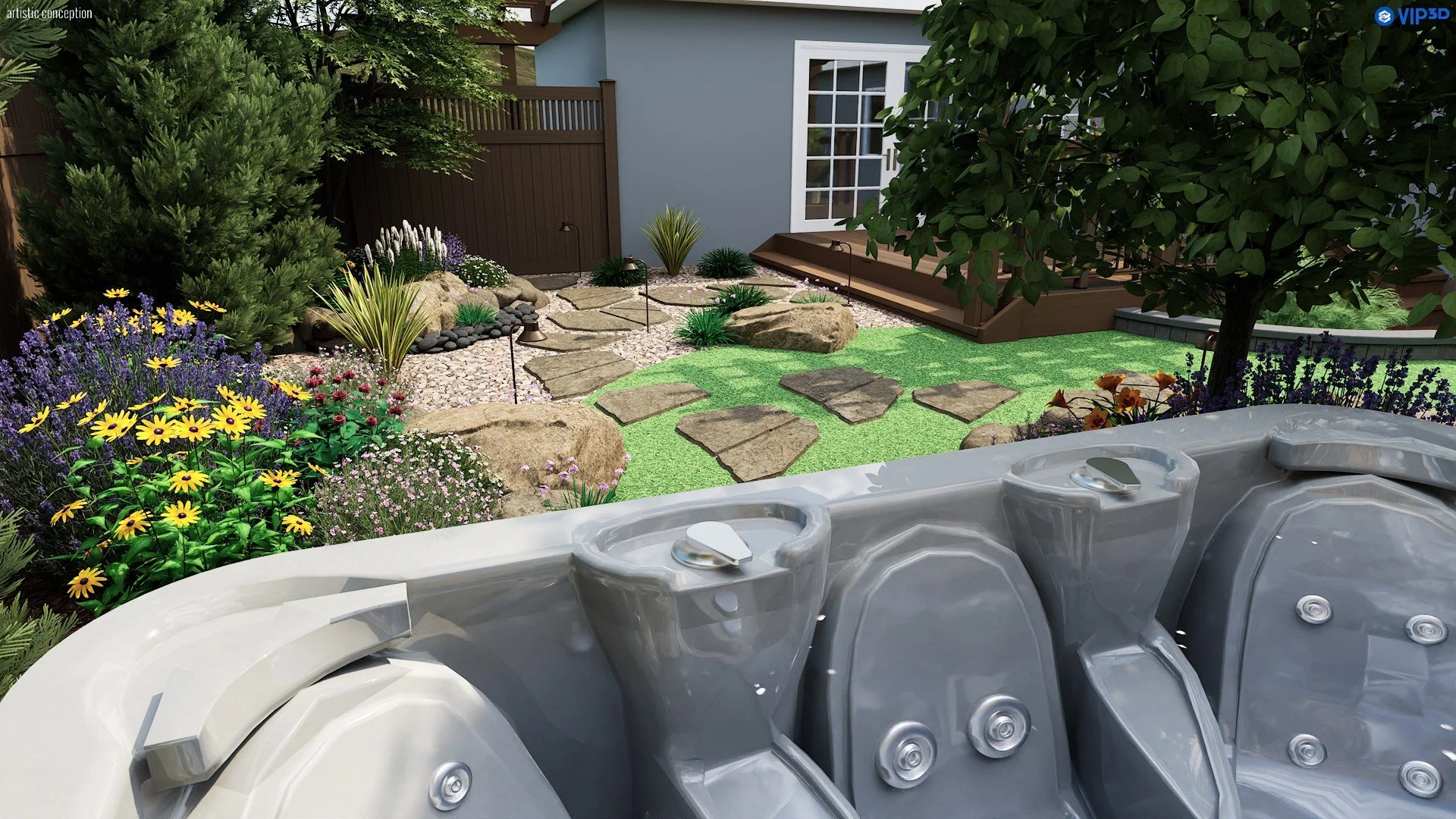 3D landscape design concept showing a low-maintenance backyard with patio space and outdoor seating. 