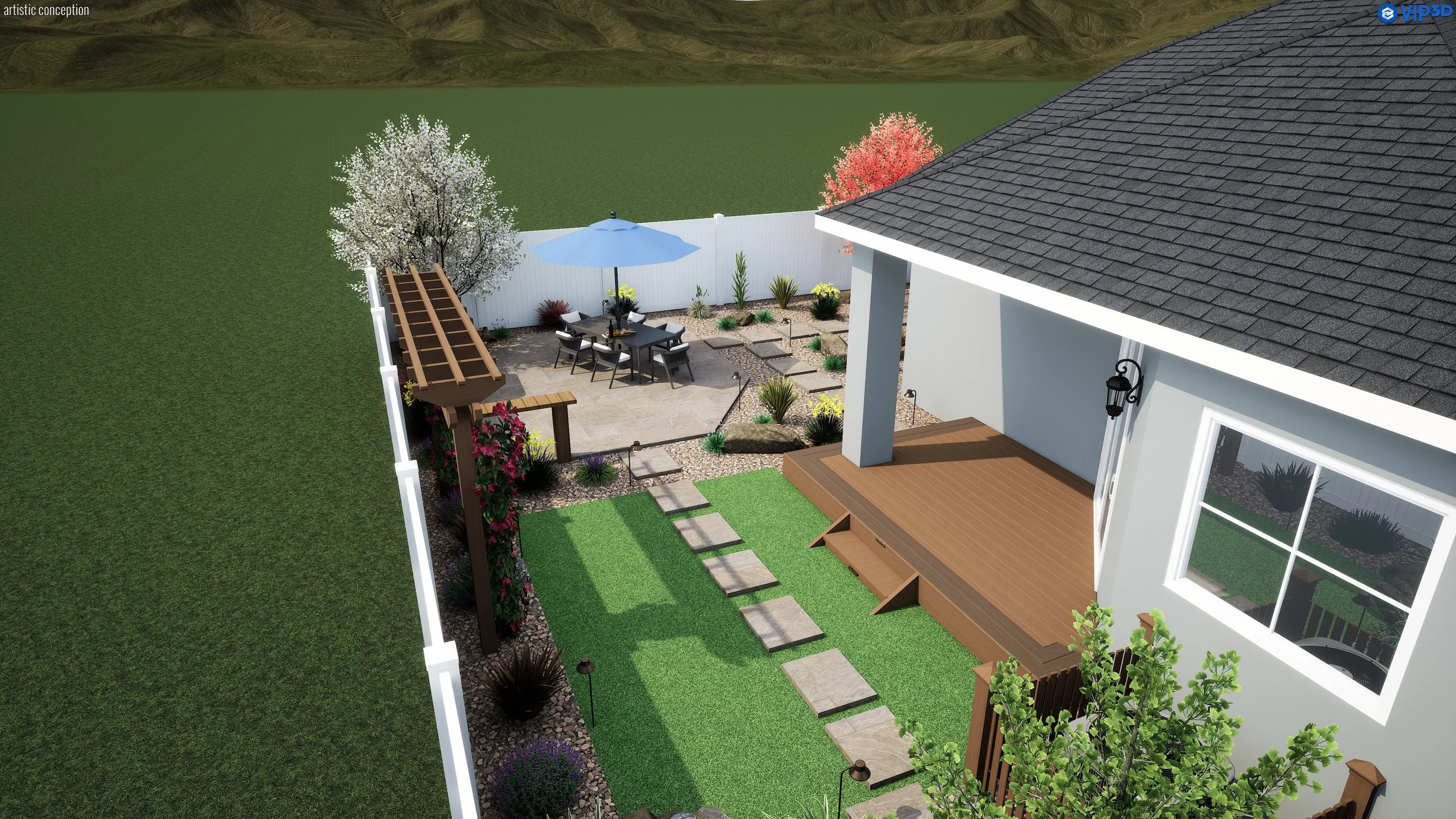 A backyard patio with outdoor furniture, a large blue umbrella, flowering trees, and a white fence, adjacent to a house with a gray shingle roof and a wooden deck.