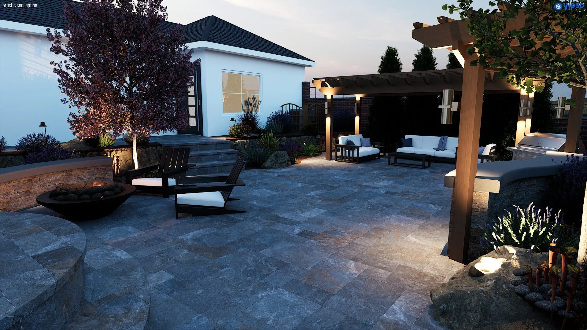 Image of a backyard scene with a patio and grill, highlighting outdoor living space and landscaping.