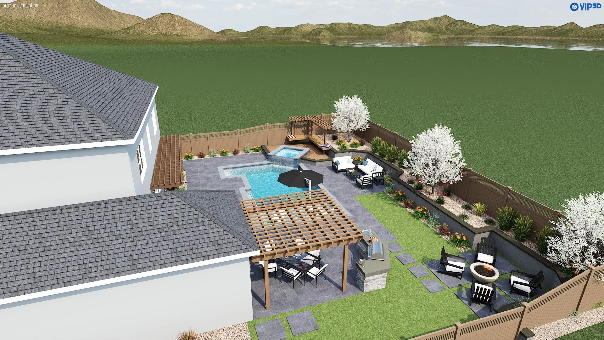 3D landscape rendering showing a custom swimming pool, pergola shade structure, and seating area. 