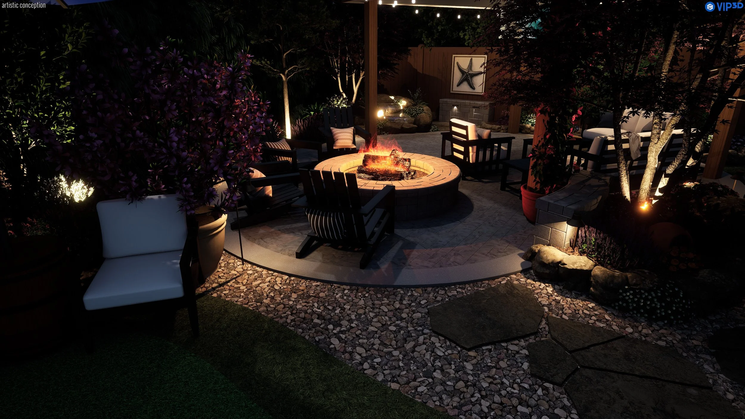 Nighttime backyard patio with a central fire pit surrounded by chairs, trees, and potted plants, illuminated by outdoor lights and a starfish wall decoration.