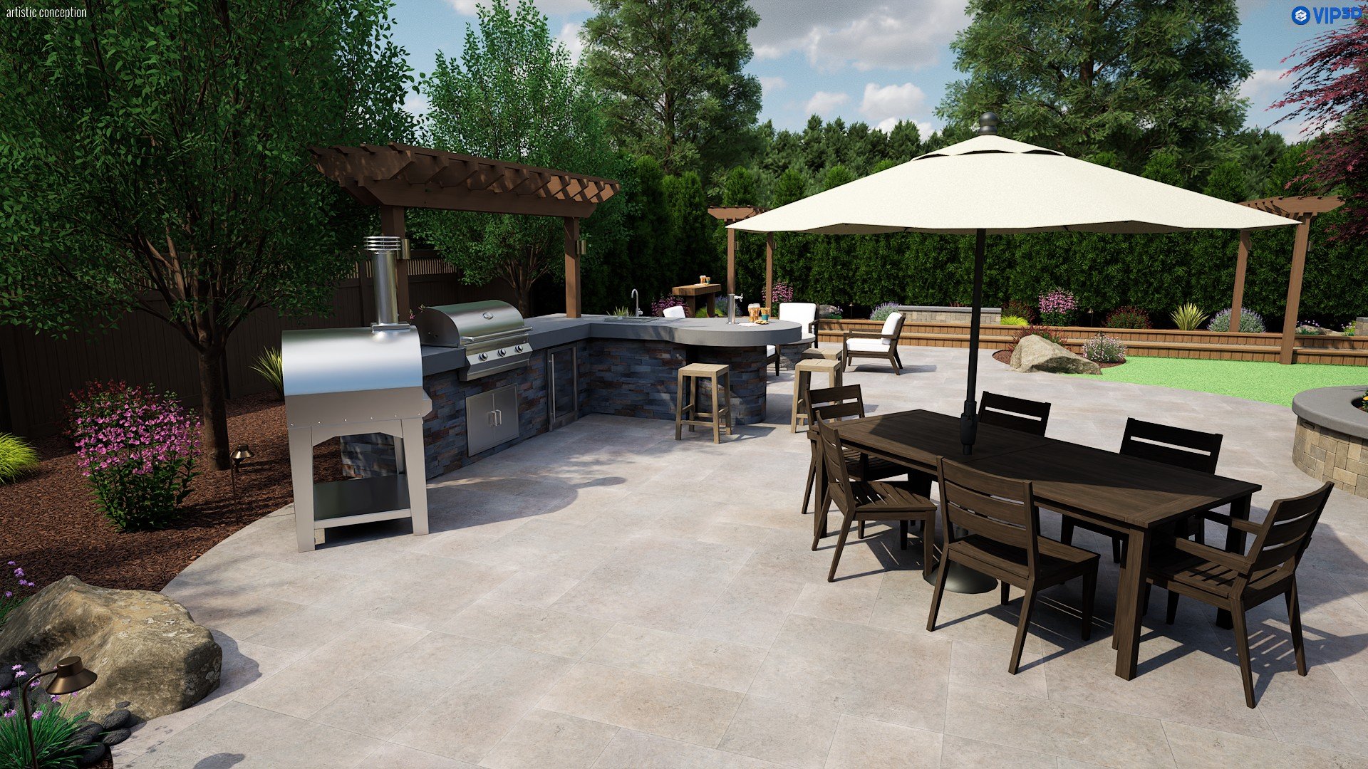 Castro Valley backyard design concept with synthetic turf, patio space, planting, and seating areas. 