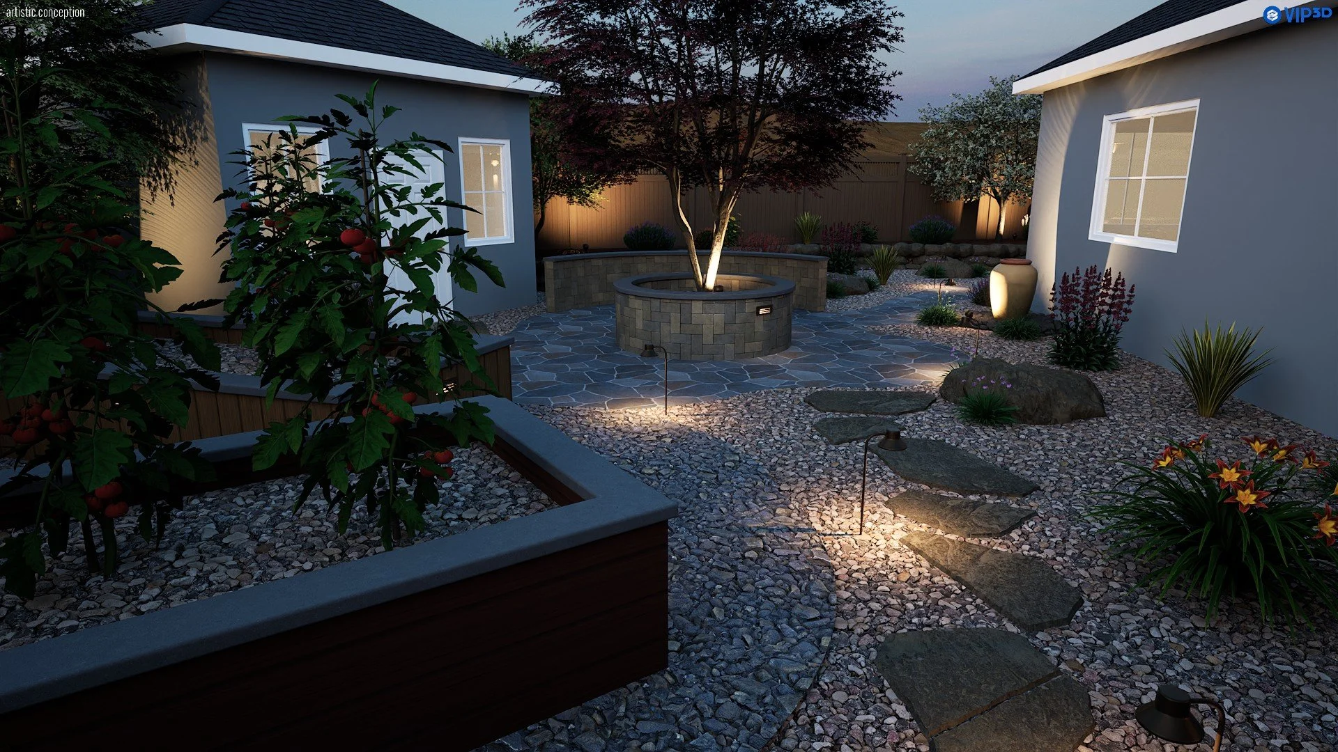 Night time 3D landscape rendering showing outdoor lighting, turf, patio, and seating area. 