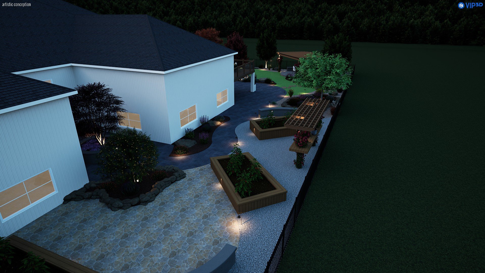 Nighttime estate landscape rendering with outdoor lighting, planting, and backyard entertaining space