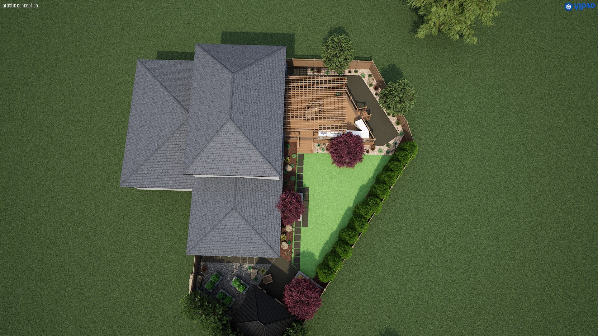 A top-down view of a backyard with a gray roof house, a wooden deck with furniture, green lawn, trees, and landscaping with shrubs and garden beds.