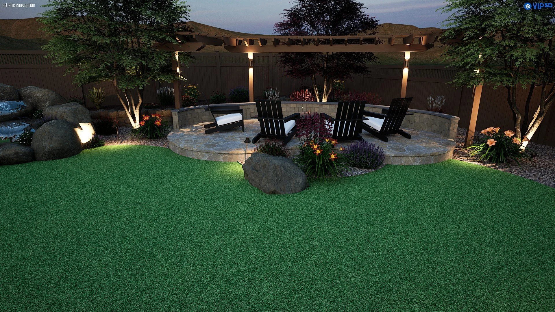 Night time 3D landscape rendering showing outdoor lighting, turf, patio, and seating area.