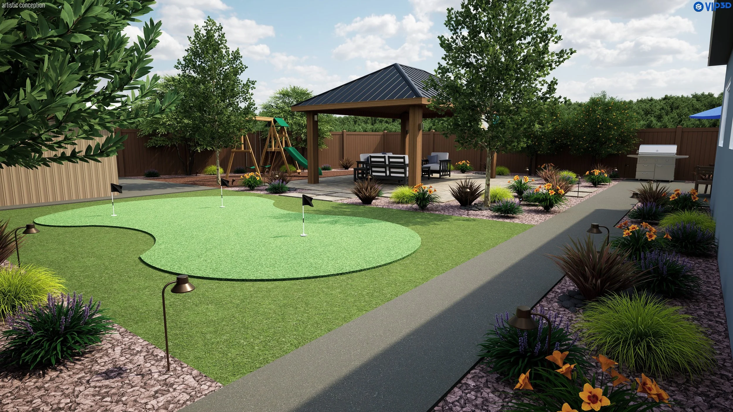 A backyard with a green putting green, a wooden gazebo with seating, a children's swing set, and a grill. The yard is landscaped with trees, bushes, flowers, and stone pathways, enclosed by a brown fence.