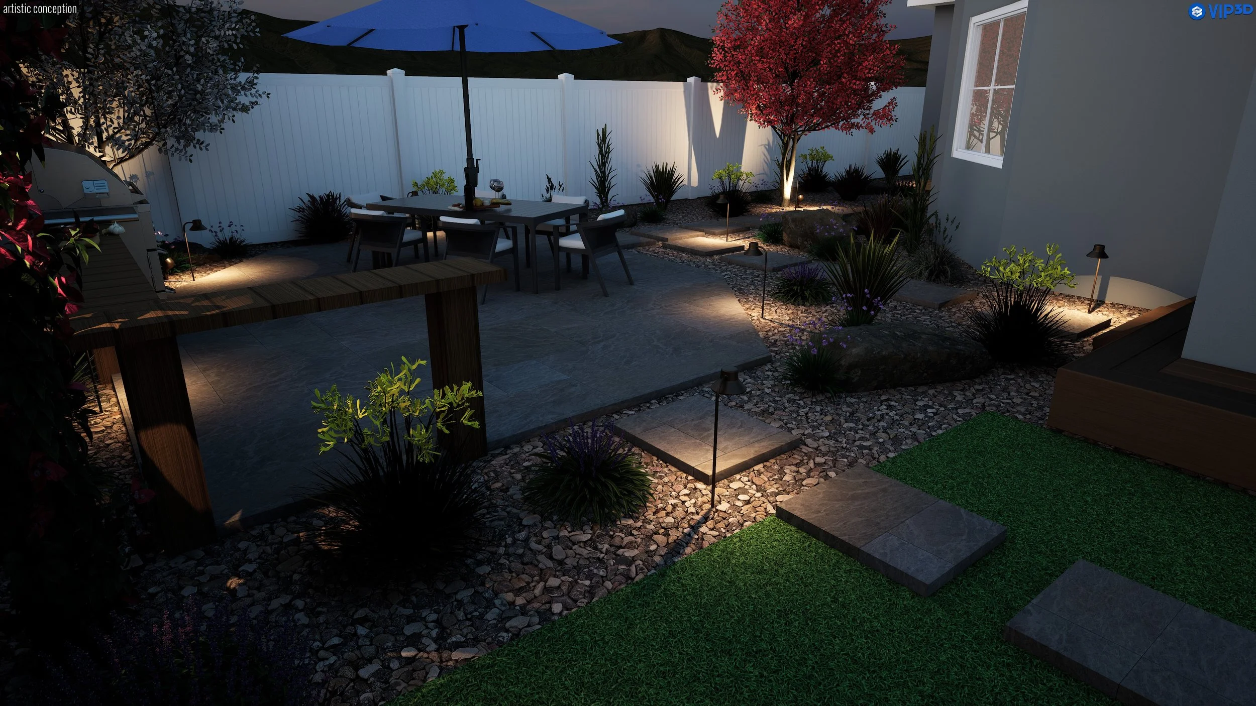 Nighttime townhome backyard rendering with lighting, patio area, and clean modern landscape layout.