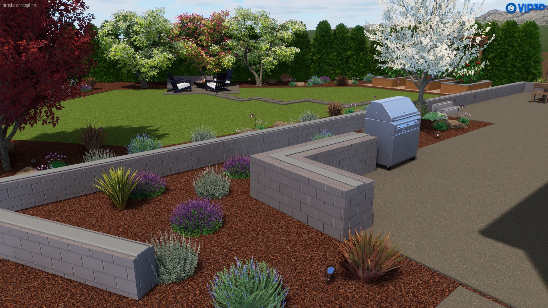 Landscape design with a grassy lawn, colorful flowering trees, a seating area with black chairs, a gray barbecue grill, and a stone pathway, enclosed by a brick wall and surrounded by various plants and shrubs.