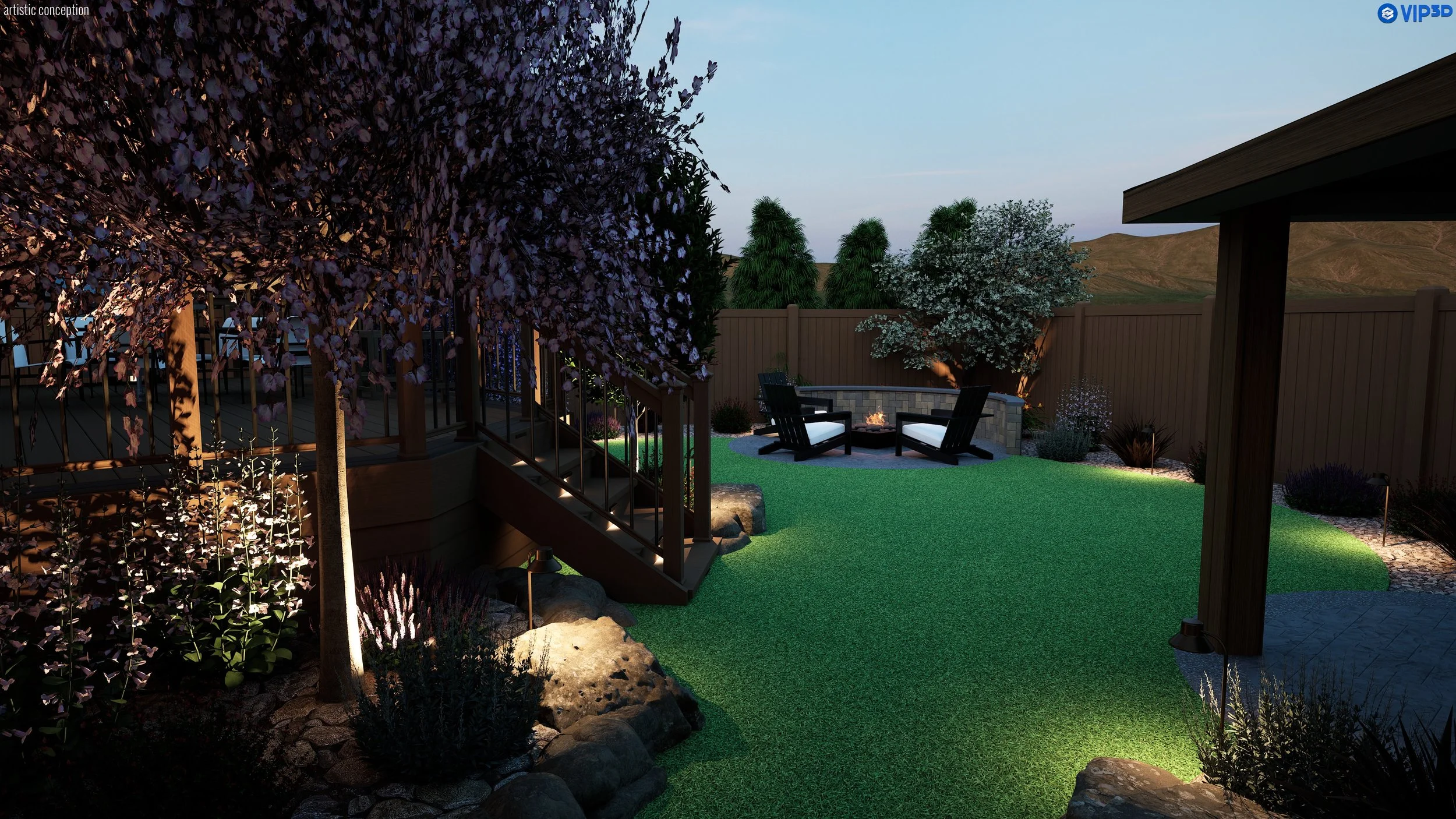 A backyard patio area with a fire pit surrounded by four chairs, lush greenery, trees, and hills in the background, during dusk or evening.