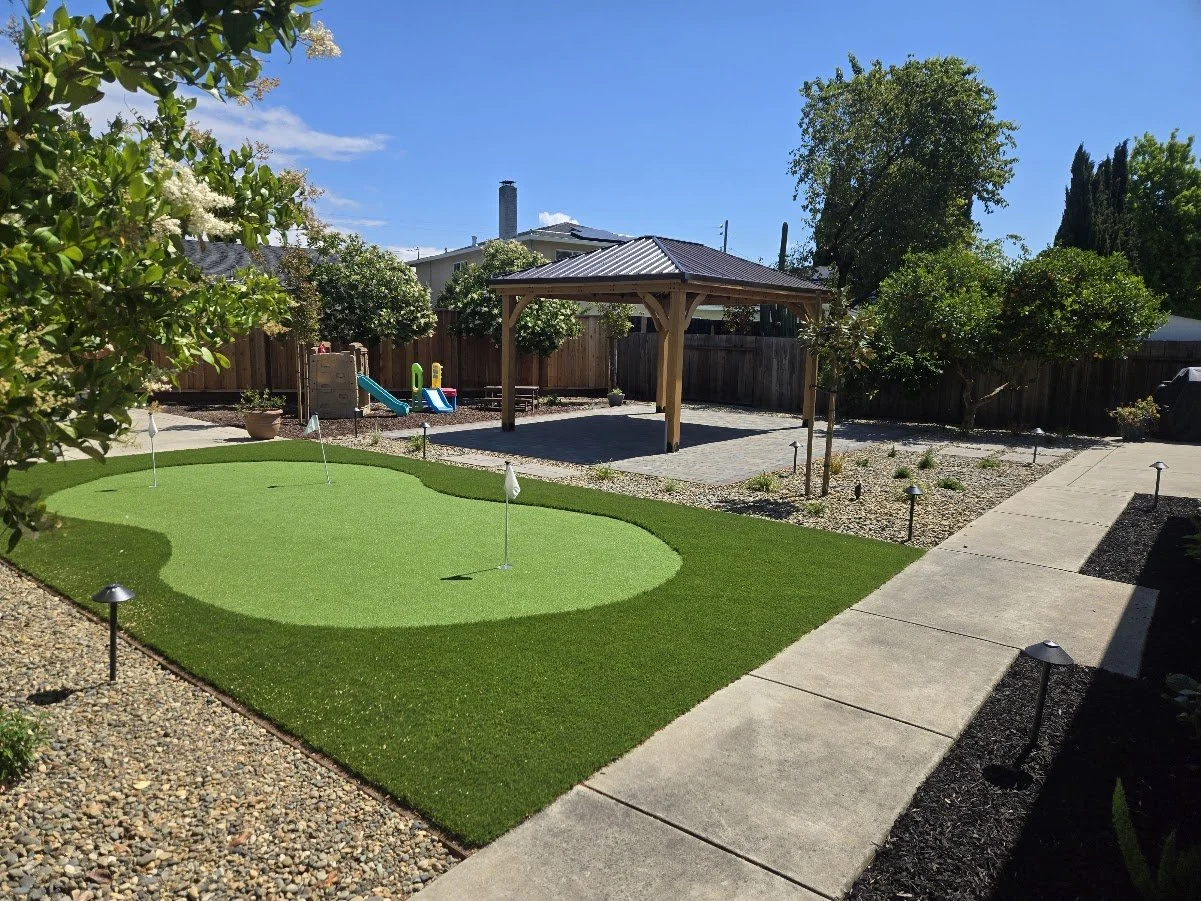 A backyard with a mini putting green, a concrete pathway, a covered patio area, trees, and a children's slide.