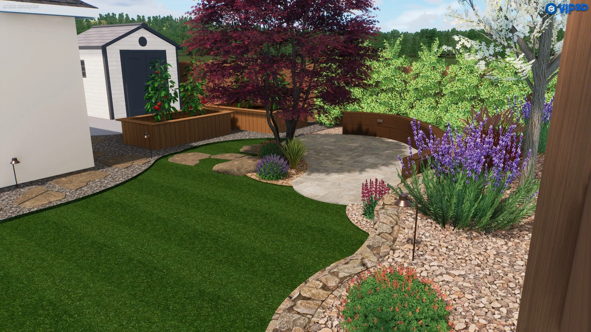 A landscaped backyard garden with a stone patio, surrounded by colorful flowering bushes and trees, including a red Japanese maple, white blossoms, and purple lavender. There is a white shed with a black door and two tomato plants in a wooden planter