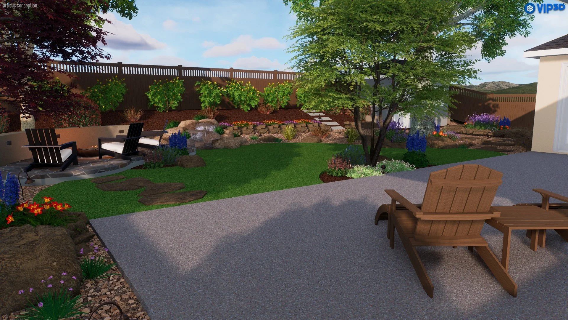 A landscaped backyard with a concrete patio, wooden chairs, a fire pit with seating, a lush green lawn, various colorful flowers, a large tree, and a wooden fence in the background under a partly cloudy sky.