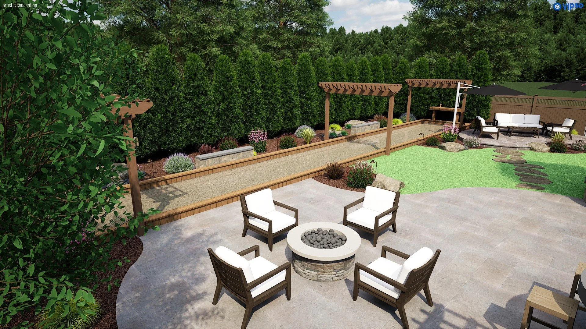 Rustic outdoor living design with patio seating, dining area, turf, planting, and lighting. 