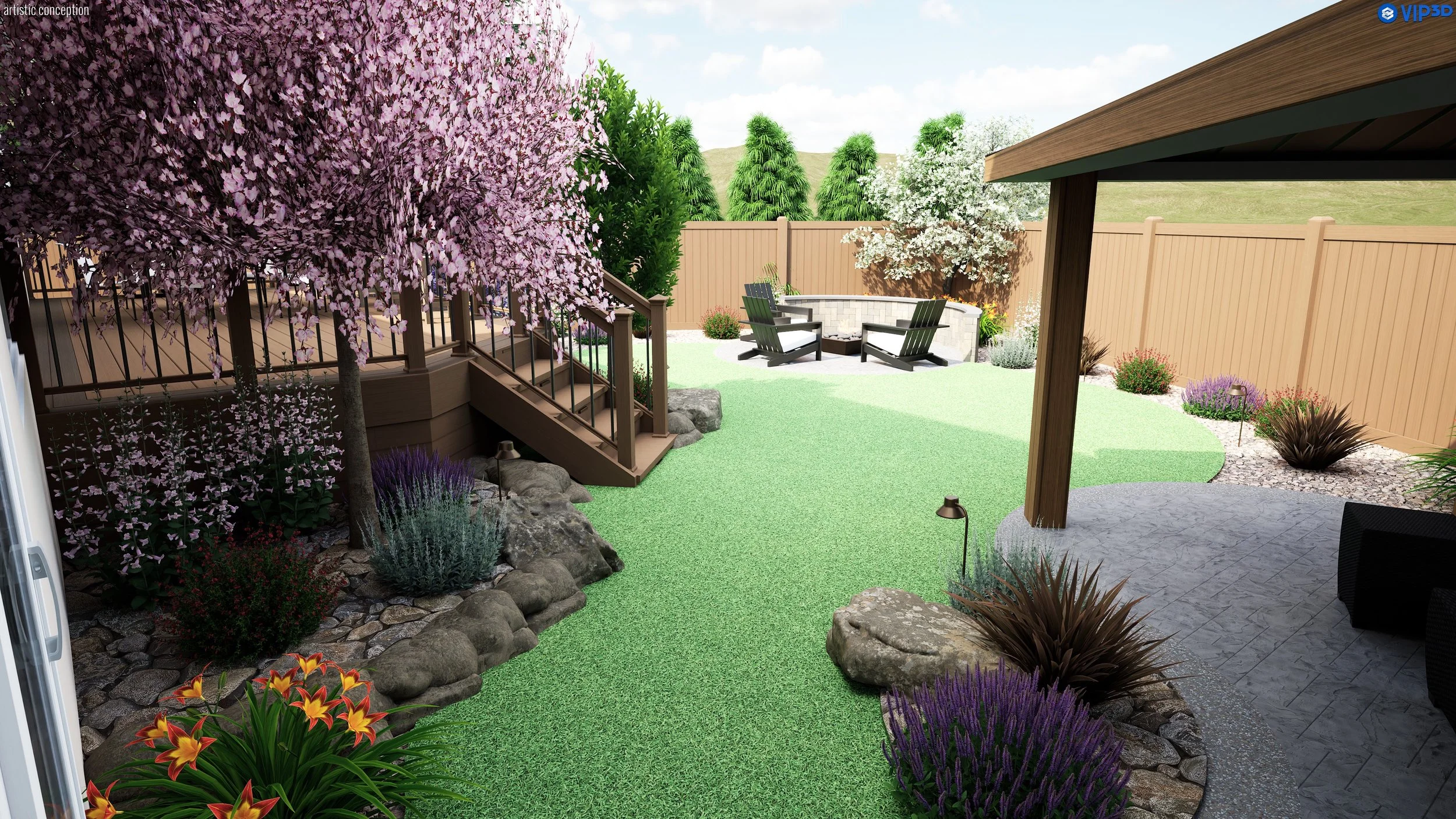 A backyard patio with a small balcony, decorated with blooming pink and white trees, various shrubs, and colorful flowers. There is a seating area with a fire pit, Adirondack chairs, and a fenced yard with green grass and a hill in the background.