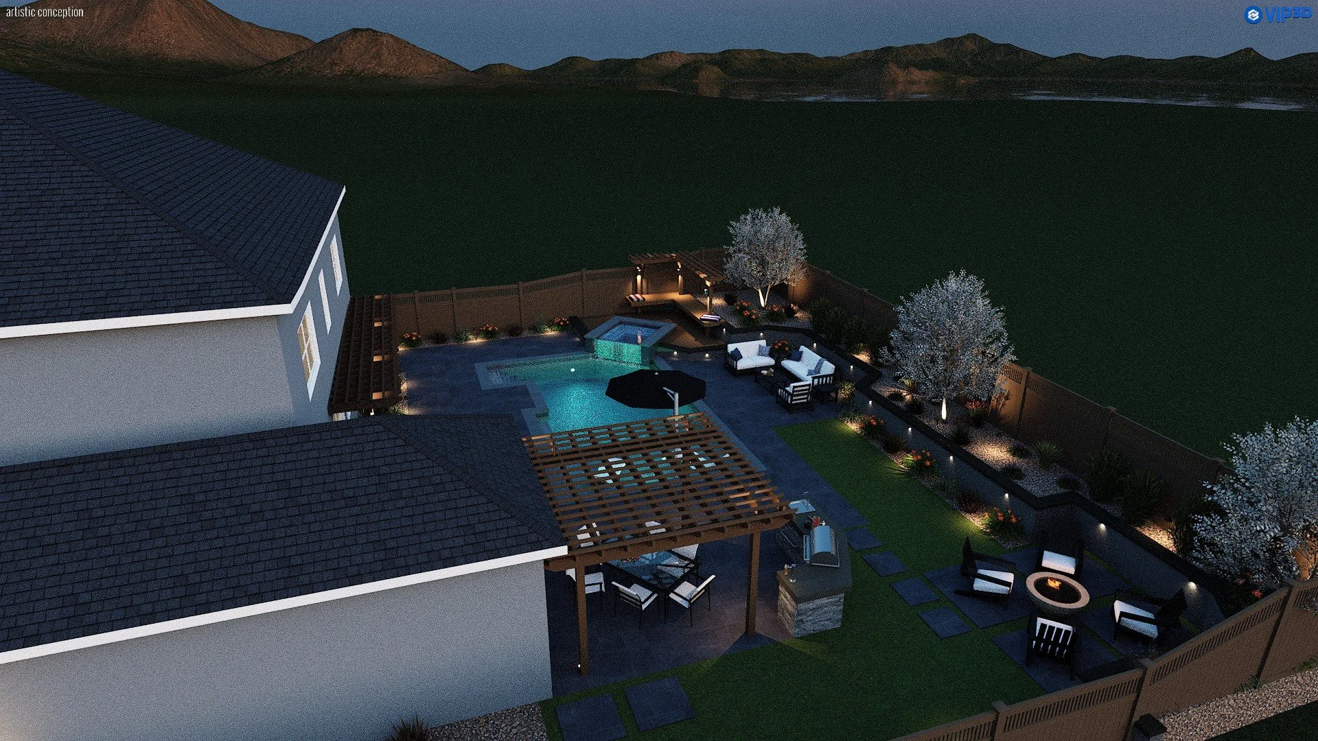 Backyard 3D design concept with swimming pool, turf, pergola, planting, and modern outdoor living layout. 
