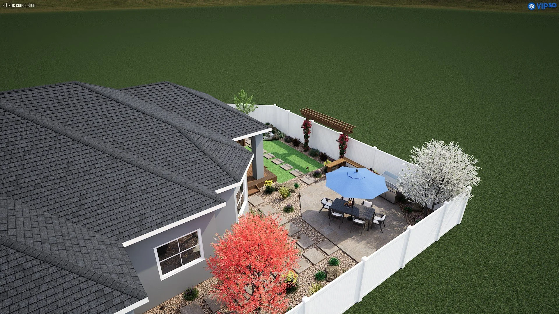 3D townhome backyard design in Alamo, CA with patio space, planting, and outdoor lighting