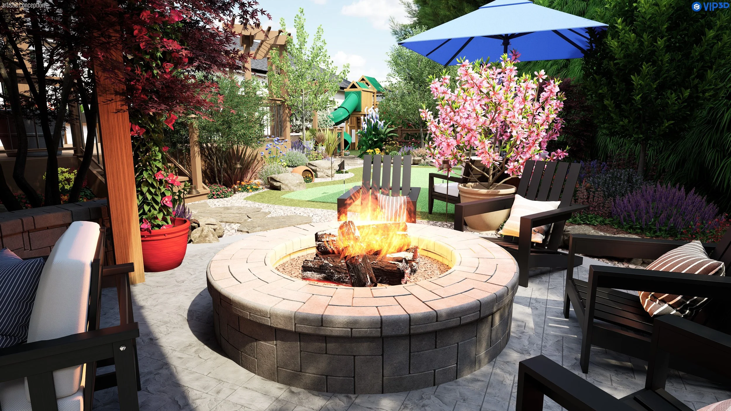 A backyard patio with a fire pit surrounded by black chairs, colorful flowers, leafy trees, a slide, and a blue umbrella.