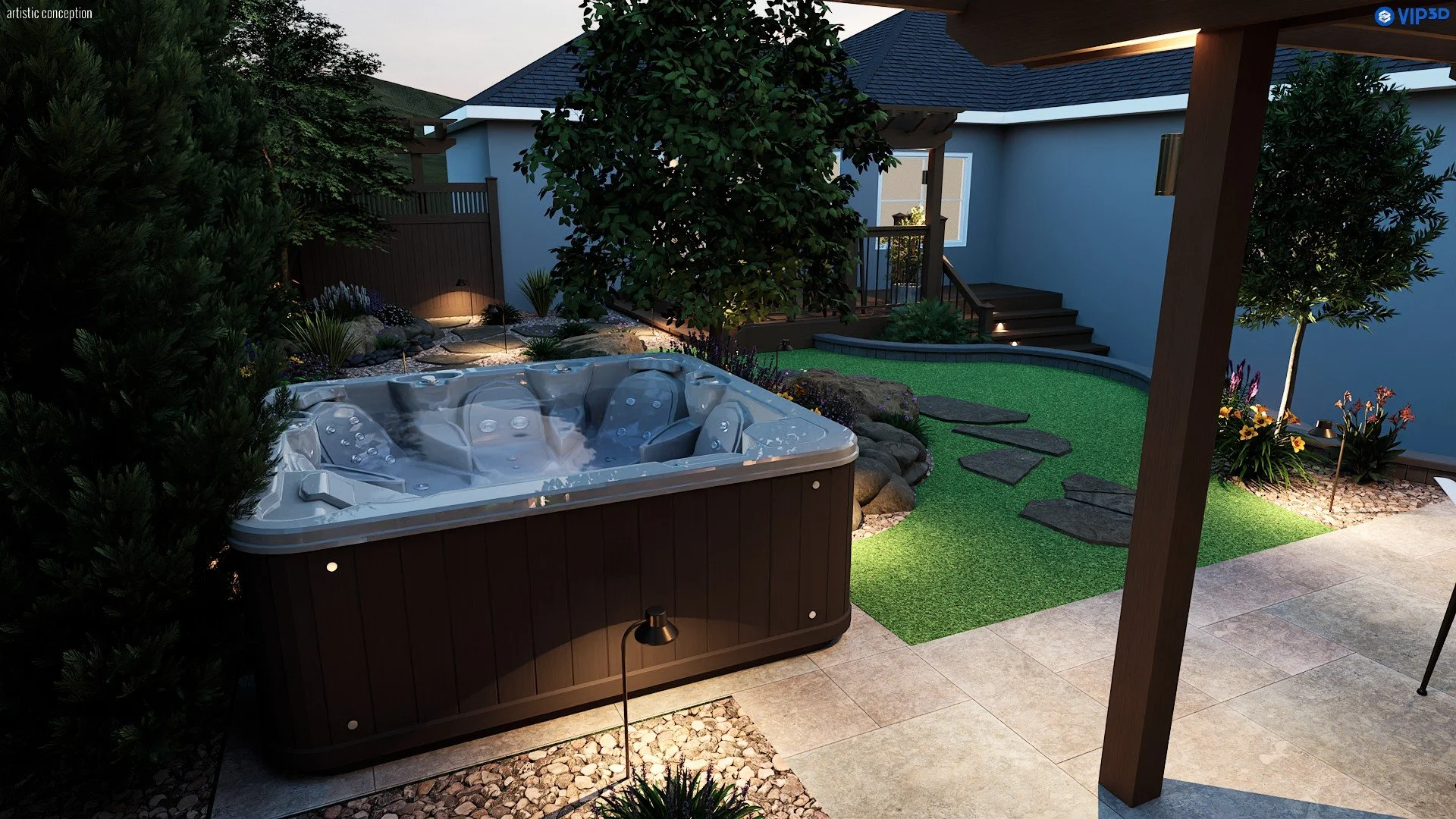Dublin backyard design with decorative rock, turf, planting, wood accents, and landscape lighting. 