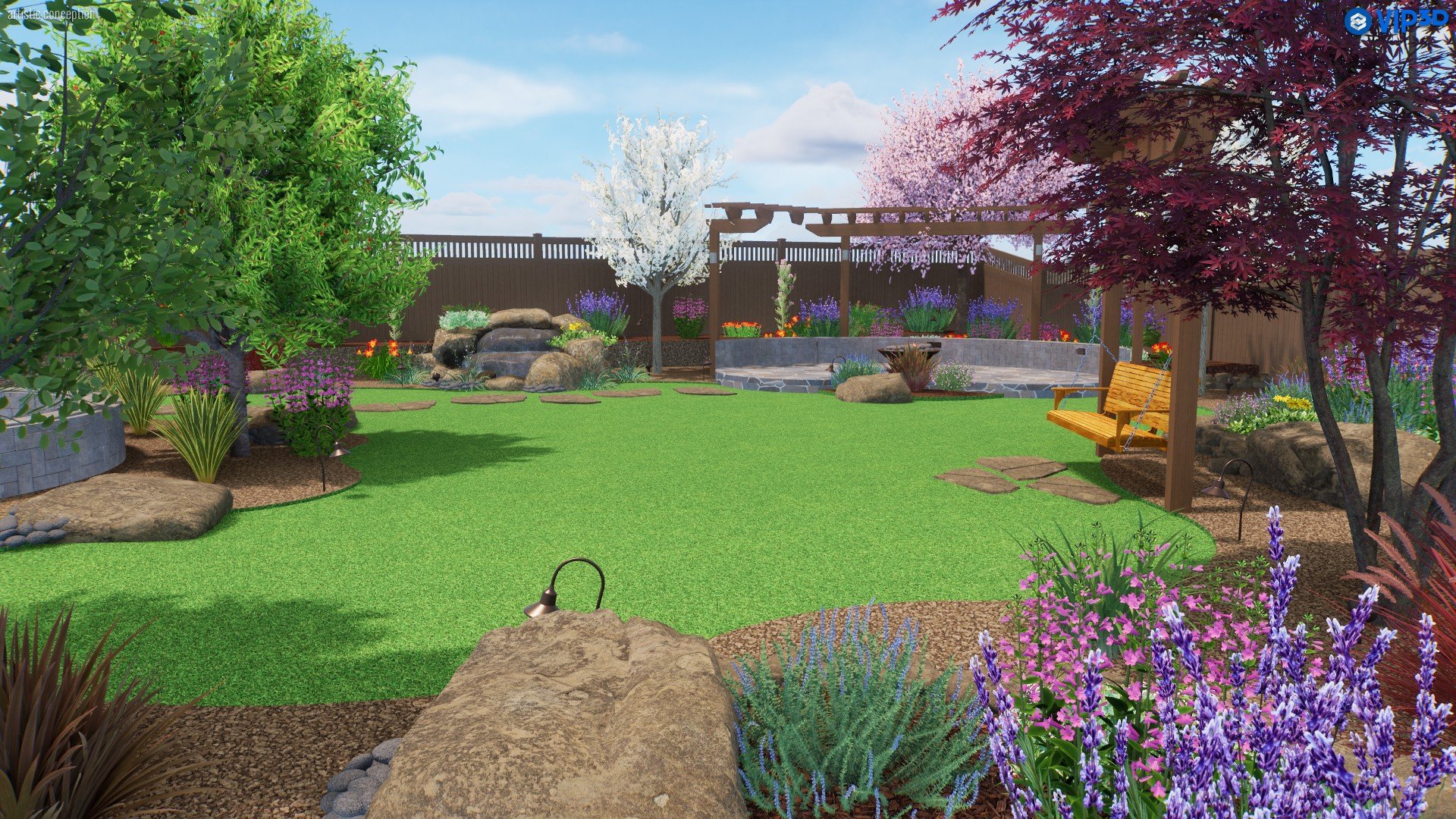 A landscaped backyard garden with a green lawn, colorful flowers, trees with pink and white blossoms, a stone fire pit, and a wooden swing under a pergola. There are decorative rocks, pathway stones, and garden lights, all enclosed by a wooden fence.