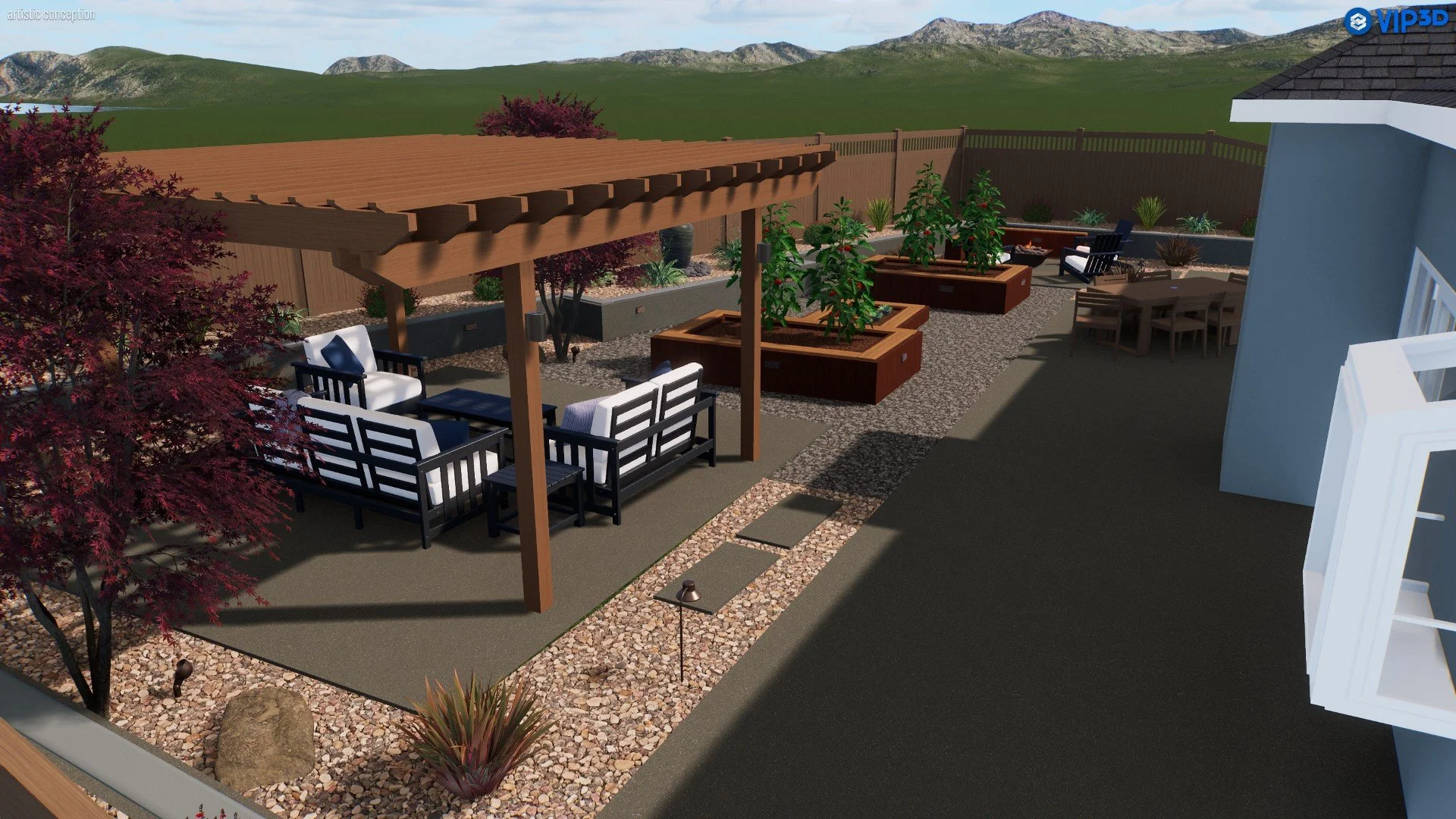 A virtual 3D rendering of a backyard patio featuring a pergola with outdoor seating, gravel pathways, raised garden beds with plants, a fenced perimeter, and a mountain landscape in the background.