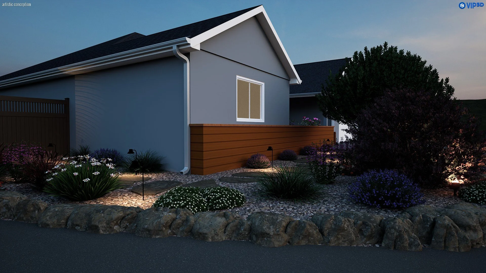 Nighttime view of a modern house with side yard, illuminated landscape with bushes, flowers, rocks, and pathway, and a wooden privacy fence.