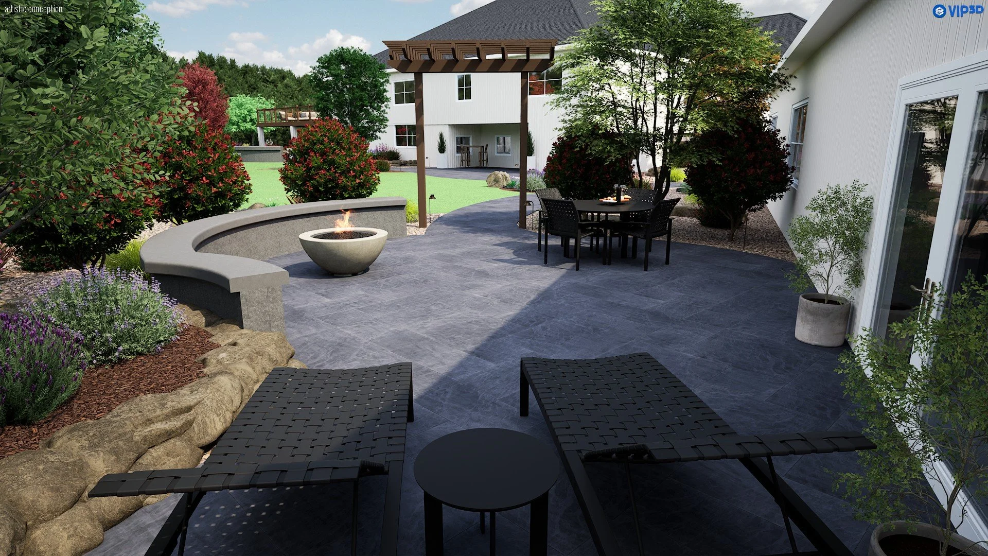 Large backyard design in Pleasanton, CA with curved walkways, decorative rock, and outdoor living areas. 
