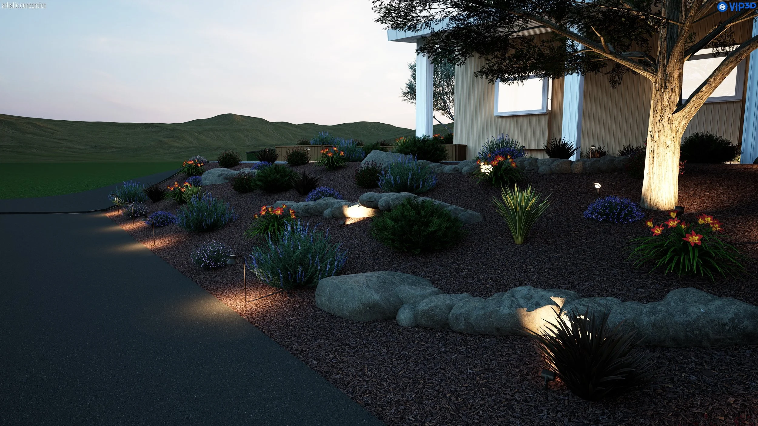 Nighttime view of a landscaped garden with colorful flowers, rocks, and pathway, illuminated by outdoor lighting near a house with large windows and trees, with hills in the background.