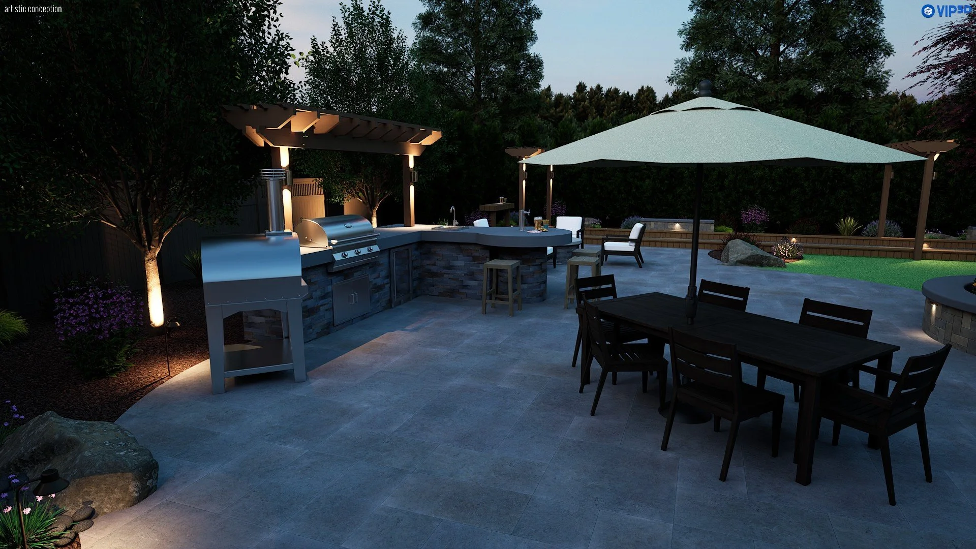 Nighttime backyard rendering with fire pit seating, turf, patio areas, and outdoor lighting. 