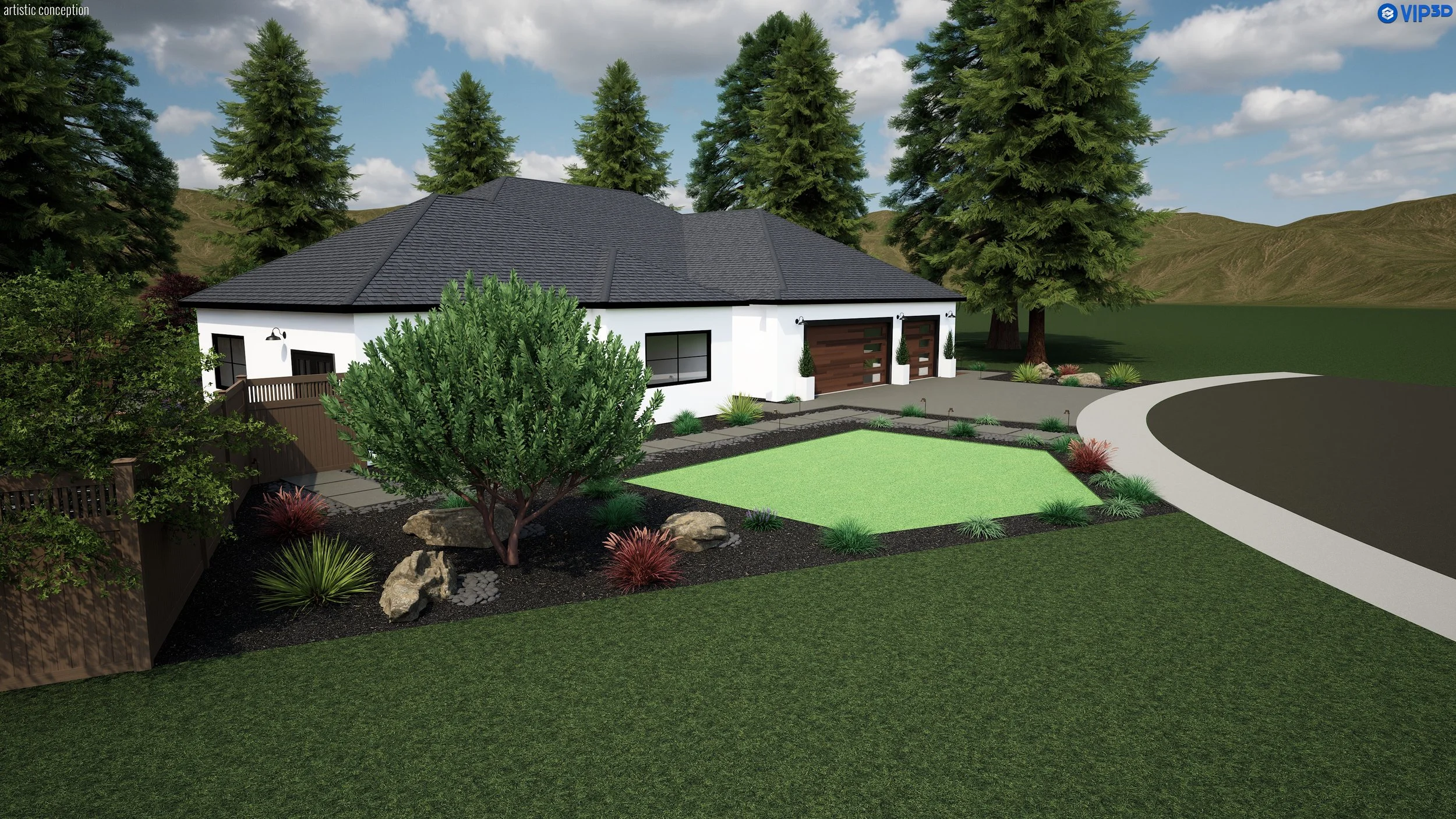 A modern single-story house with a dark-shingled roof, white exterior walls, and two garage doors with wood accents, surrounded by landscaped yard with trees, shrubs, and a curved driveway.