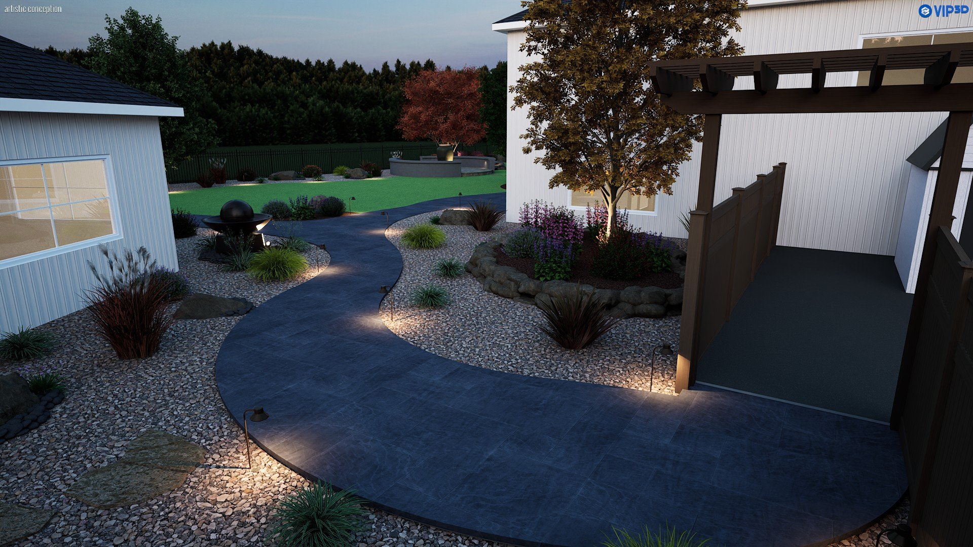 Nighttime estate landscape rendering with outdoor lighting, planting, and backyard entertaining space