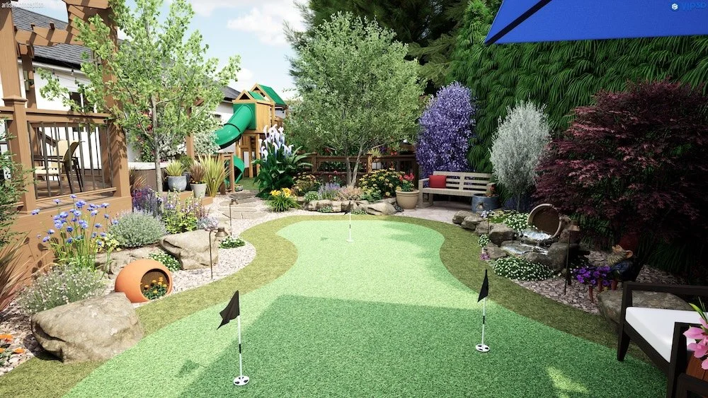 A 3D design of a backyard with a putting green