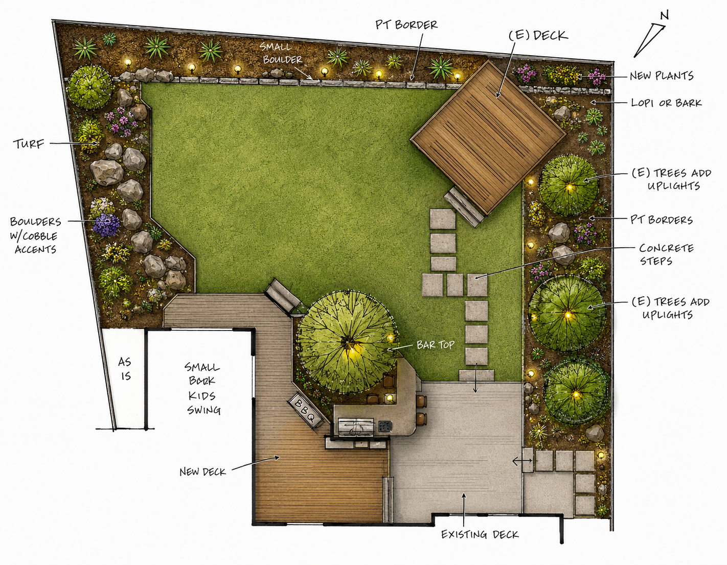 Landscaped backyard design featuring turf, boulders with cobble accents, small boulder area, new and existing decks, a yard with concrete steps, multiple trees with uplights, a bar top with seating, an outdoor kitchen, furniture, and garden beds with