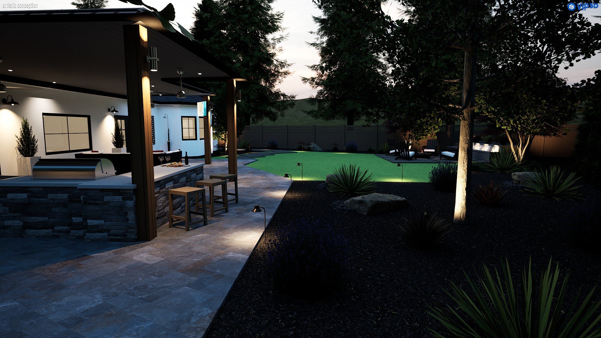 A backyard patio with an outdoor bar area, bar stools, and a grill, next to a grassy yard with trees and outdoor seating, illuminated by landscape lighting during dusk.