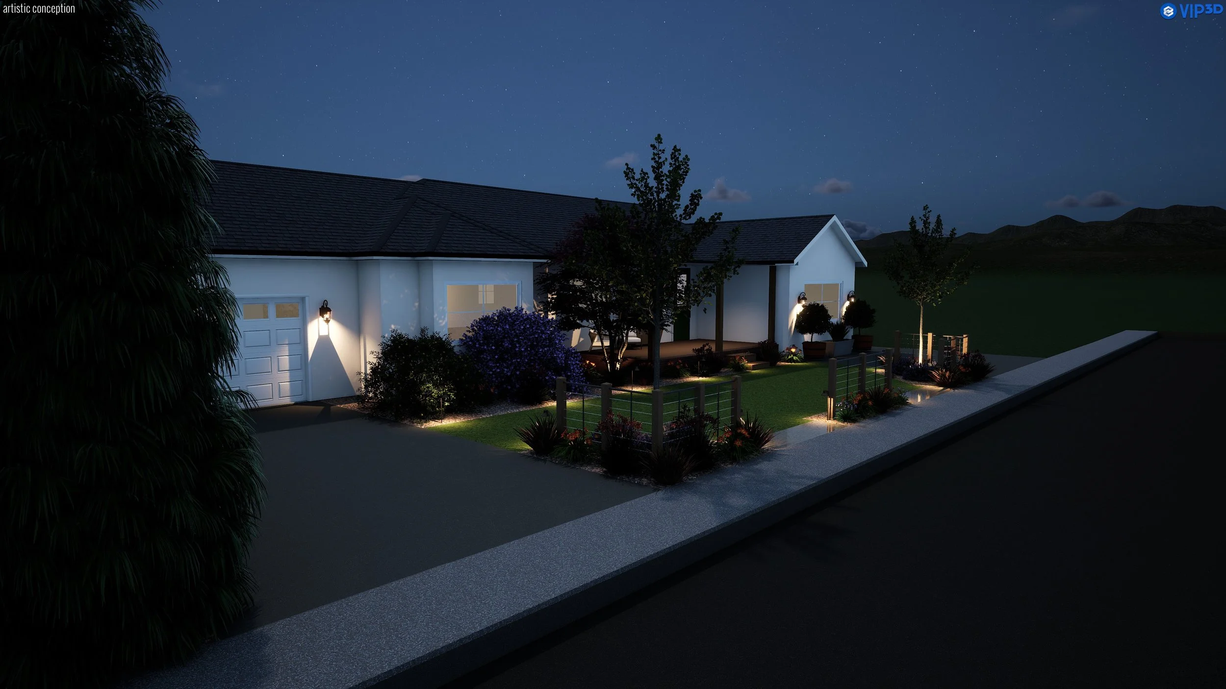 Nighttime view of a modern white house with outdoor lighting, surrounded by landscaped garden with trees and shrubs, under a starry sky and distant mountains.