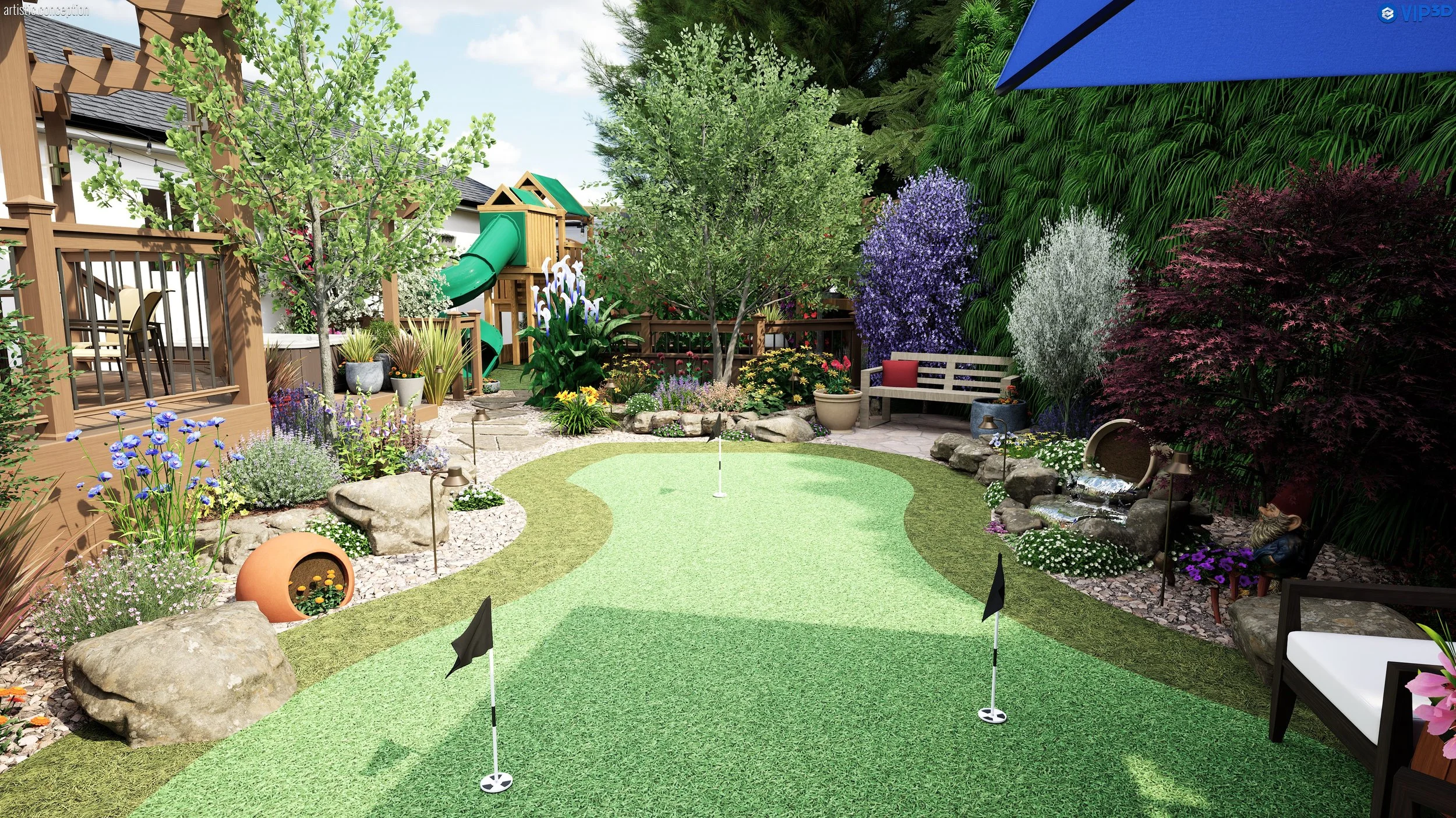 A colorful backyard with a mini-golf putting green, surrounded by blooming flowers, shrubs, and trees. There is a wooden playset with a green slide, a seating area with chairs and benches, and decorative rocks and plants along a stone pathway.