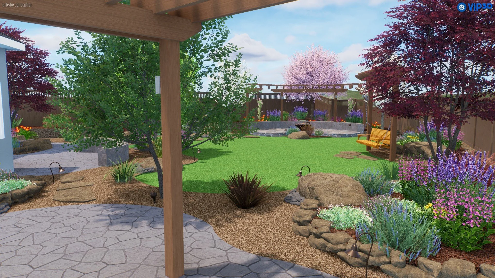 A landscaped backyard with a stone pathway, lush green grass, blooming trees, and colorful flower beds. A wooden pergola and a swing bench are visible, with a fenced garden in the background.