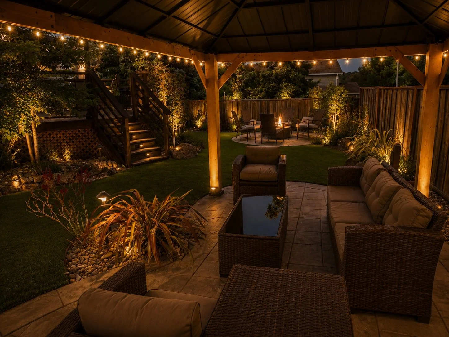 A cozy backyard patio at night with a covered pergola, wicker furniture with cushions, a fire pit with seating, and surrounding shrubs illuminated by string lights and landscape lighting.