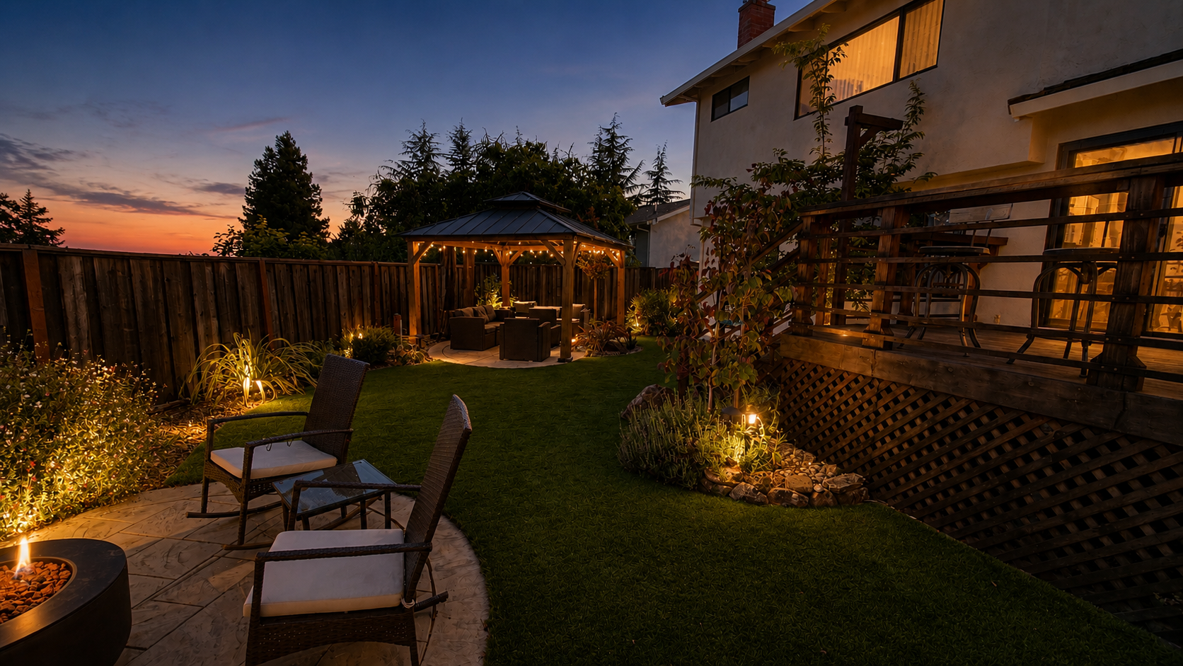 A cozy backyard during sunset with outdoor seating, a gazebo with string lights, a wooden deck, lush greenery, and decorative lighting.